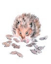 Oriental style painting of hamster with pumpkin seeds.