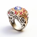 Oriental Style Ring With Red And Blue Sapphires Intricate Patterns And Delicate Lines