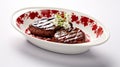 Oriental Style Steak With Red Flowers In Liquid Emulsion Print