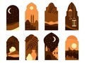 Oriental style windows with moon, mosque domes and plants. Islamic architecture decorative design. Arabic doors