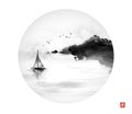 Oriental sunrise seascape with fishing sailboat and rocky coast with trees in circle on white background. Traditional