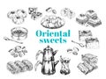 Oriental sweet desserts collection, retro hand drawn vector illustration.