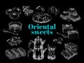 Oriental sweet desserts collection, retro hand drawn vector illustration.