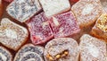 Oriental sweetness handmade Turkish delight. Background. Copy space Royalty Free Stock Photo