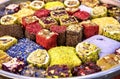 Oriental sweets. Assorted traditional Turkish delight Rahat lokum on dish. Royalty Free Stock Photo