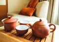 The oriental tea set on a bamboo tray Royalty Free Stock Photo