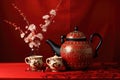 an oriental teapot with traditional asian motifs, set against a red silk backdrop