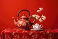 an oriental teapot with traditional asian motifs, set against a red silk backdrop