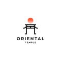 Oriental temple vector icon logo with red sun symbol illustration, japan shrine torii gate line logo