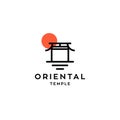 Oriental temple vector icon logo with red sun symbol illustration, japan shrine torii gate line logo