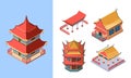 Oriental temples and palaces isometric set. Asian traditional buildings ancient chinese style japanese ritual pagodas