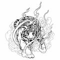 Oriental Tiger walking tattoo decorate with cloud black and white doodle drawing