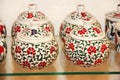 Oriental turkish traditional ceramic jugs or vases with colorful floral ornaments