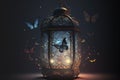 Oriental vintage lantern with colorful butterflies, AI Generated background