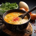 Oriental warmth Chinese egg drop soup with chili, displayed traditionally