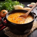 Oriental warmth Chinese egg drop soup with chili, displayed traditionally