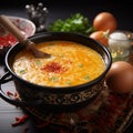 Oriental warmth Chinese egg drop soup with chili, displayed traditionally