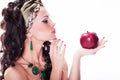 Oriental woman - red apple - organic natural meal Royalty Free Stock Photo