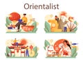 Orientalist concept set. Professional scientist researching near and far