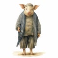 Orientalist Street Style Realism: Life-size Watercolor Pig Illustration