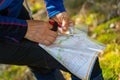 Orienteering athlete running through a summer forest with a map and compass. Royalty Free Stock Photo