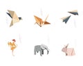 Origami animal vector with logo design. Japanese paper folding icon. Geometric element in Asian style. Crane birds, plane, chicken Royalty Free Stock Photo