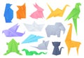 Origami animals. Geometric folded shapes for japanese game paper boat and plane, crane, birds, cat, elephant and rabbit Royalty Free Stock Photo