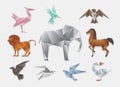 Origami animals. Vector 3d paper japanese animal set. Elephant and horse, lion dove Royalty Free Stock Photo