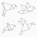 Origami bird collection. Set of line geometric shape for art of folded paper. Vector.