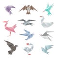 Origami bird set. Vector 3d abstract paper flying birds with wings on white background