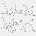 Origami birds crane shapes vector set, hand drawn folder paper art animal illustration