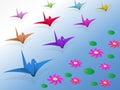 Origami Birds flying over the water and lotus Royalty Free Stock Photo