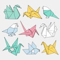 Origami birds shapes vector set, hand drawn folder paper art color animal illustration