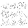 Origami birds shapes vector set, hand drawn folder paper art color animals illustration