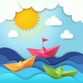 Origami boat. Cut paper ocean waves shadows vector ship stylized illustration Royalty Free Stock Photo