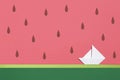 Origami boat on a paper watermelon surreal magic background. Summer and travel