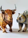 Origami of a bull and a bear as a symbol of the Frankfurt Stock Exchange from euro banknotes on a white background Royalty Free Stock Photo