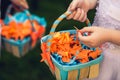 Origami of colored paper in a basket. Wedding decor of colored p