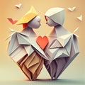 Origami couple in love holding hands banner illustration. AI generative