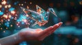 Origami crane of circuitry and binary code in a hand, about to fly, illustrating the potential and elegance of data in