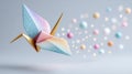 Origami crane glides gracefully across smooth pastel backdrop. Delicate spheres float around it, creating a whimsical Royalty Free Stock Photo