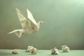 Origami Crane Taking Flight Among Paper Balls
