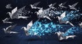 Origami cranes dissolving into digital particles, symbolizing transformation and technology advancement Royalty Free Stock Photo