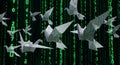 Origami Cranes Flying Through Digital Matrix Code Royalty Free Stock Photo