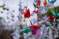 Cranes hung on a square as a symbol of peace on the 77 Anniversary of the Hiroshima Bombing