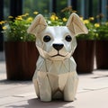 Origami Dog Sitting On Table With Outdoor Potted Plants