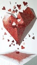 Origami explosion of a large heart releasing smaller intricately folded hearts in various patterns against a plain Royalty Free Stock Photo