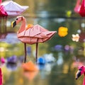 Origami flamingo in water with fantastical contraptions and soft-focus portraits (tiled) Royalty Free Stock Photo