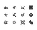 Origami flat glyph icons set. Paper cranes, bird, boat, plane vector illustrations. Signs for japanese creative hobby Royalty Free Stock Photo