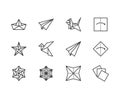 Origami flat line icons set. Paper cranes, bird, boat, plane vector illustrations. Thin signs for japanese creative Royalty Free Stock Photo